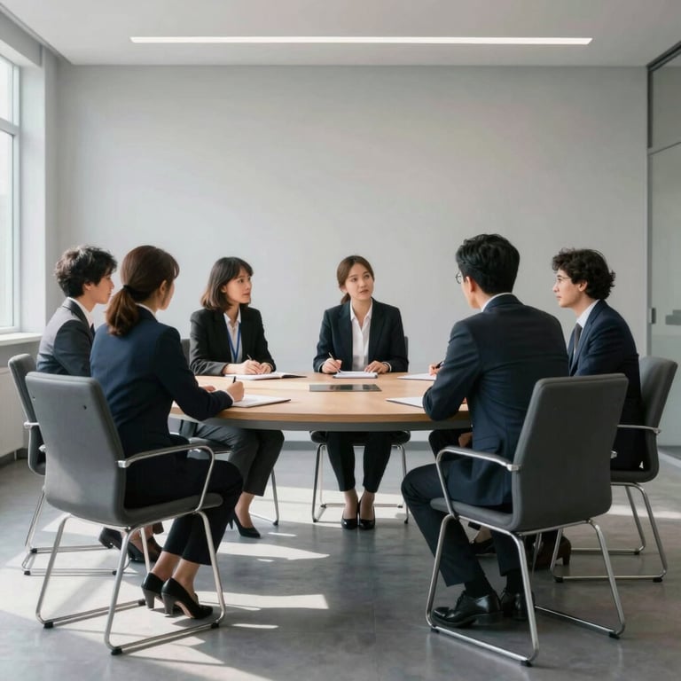 Professional collaboration in a bright conference room with soft gray shadows and minimal furniture, Global / International.