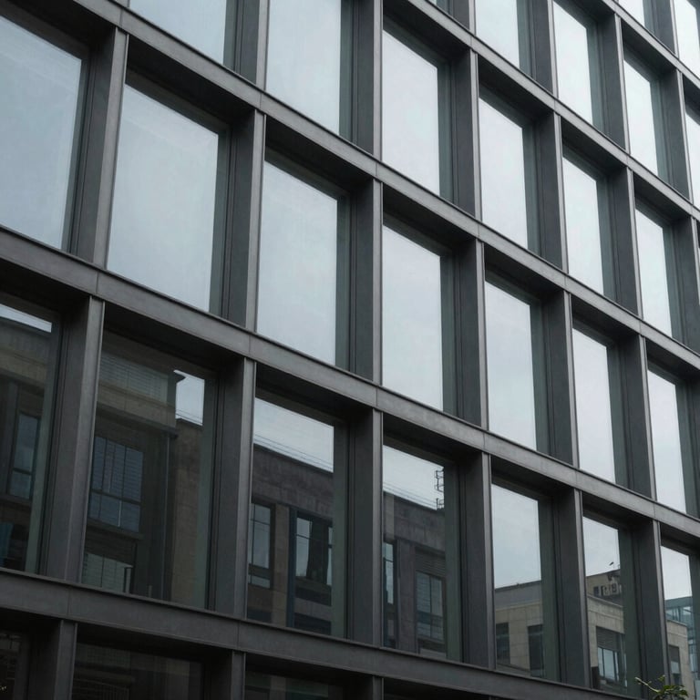 Modern minimalist building exterior with large glass windows and steel frames, Global / International.