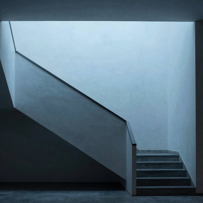 A minimalist architectural staircase illuminated by soft blue light and shadows, Global / International.