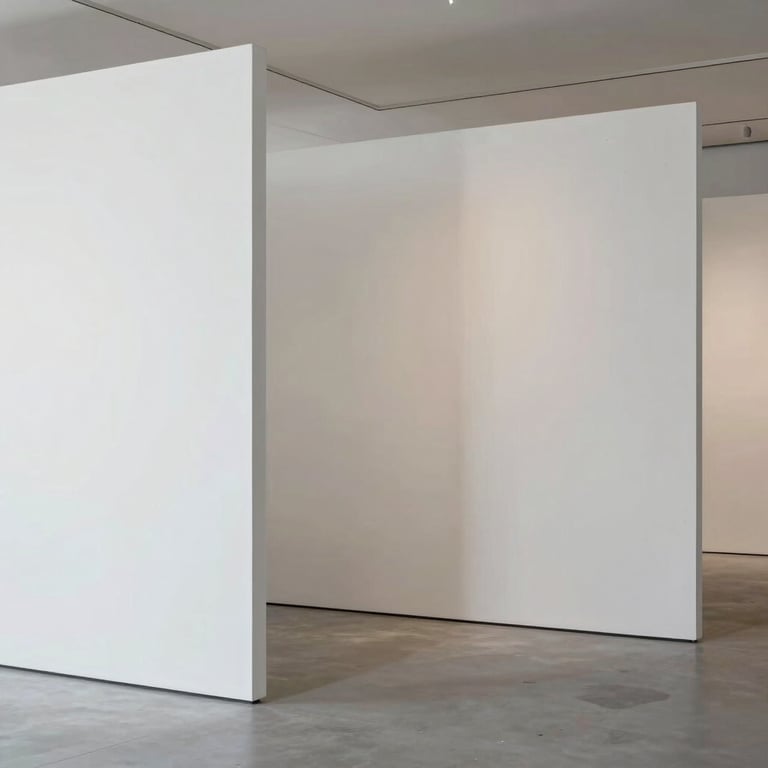 Abstract composition of white and light gray surfaces in a clean, high-end gallery space, Global / International.