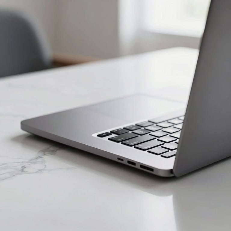 A close-up of a sleek laptop resting on a white marble desk in a bright room, Global / International.