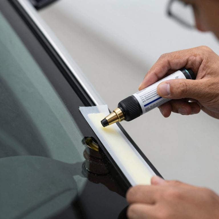 Close-up of a technician applying high-quality, professional-grade adhesive to a windshield frame with precision.
