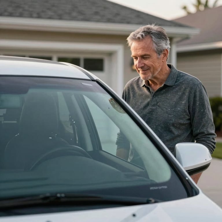 A satisfied driver in casual attire standing next to their vehicle in a North American driveway, looking at a flawless windshield.