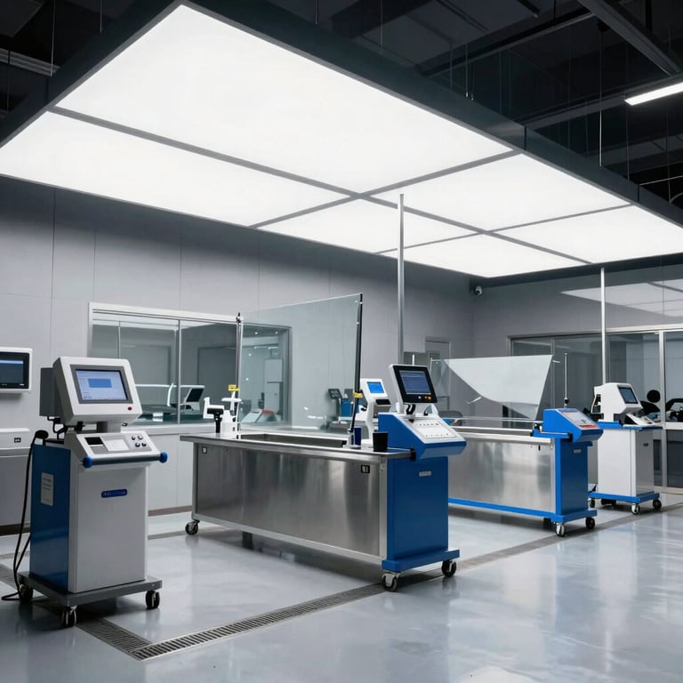 Wide-angle shot of a clean, modern auto glass repair facility with steel blue accents and professional equipment.