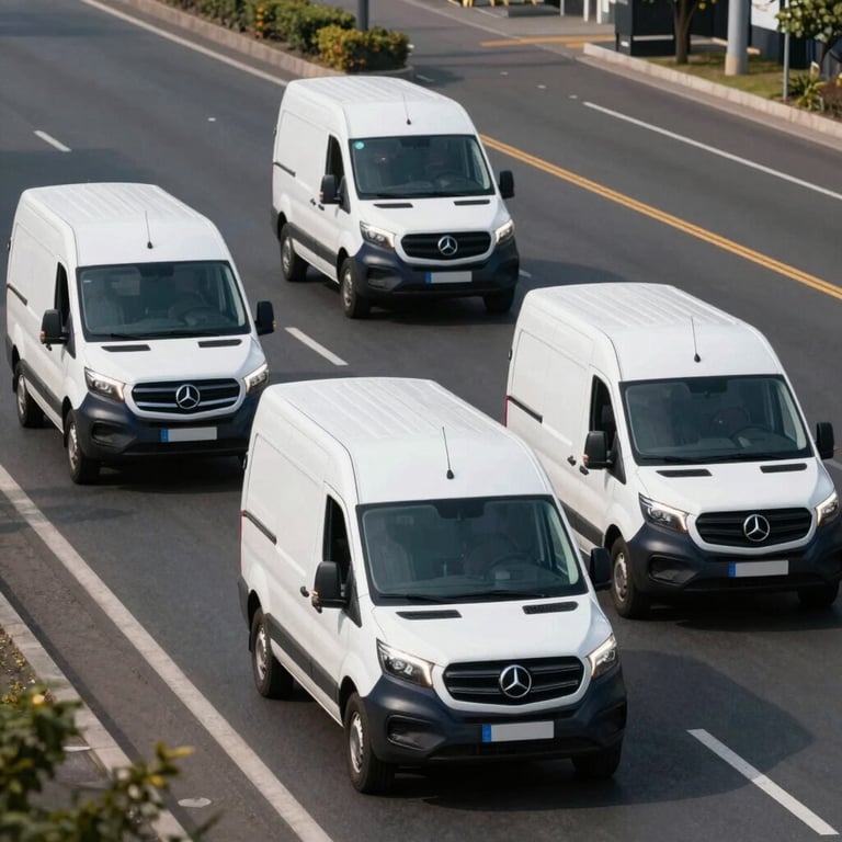 A fleet of three professional white service vans with dark blue accents driving down a clean city highway during the day.