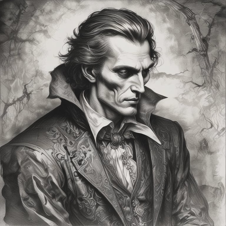Gothic charcoal drawing of a sinister vampire nobleman in ornate Victorian attire against a misty forest.
