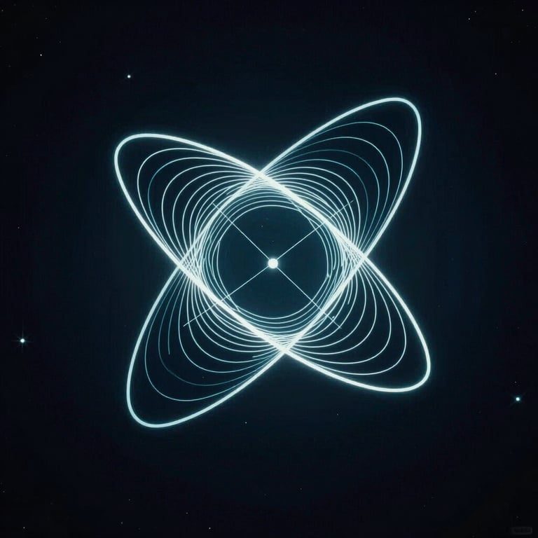 Minimalist macro shot of high-resolution astronomical math charts, sharp white orbital geometry lines on a deep dark background, cool electric-cyan screen glow, high contrast.