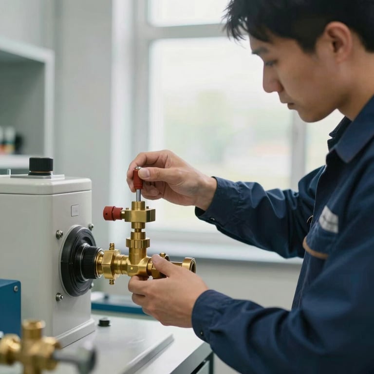 A professional technician in clean uniform calibrating a brass pressure valve inside a bright, modern utility room, natural daylight