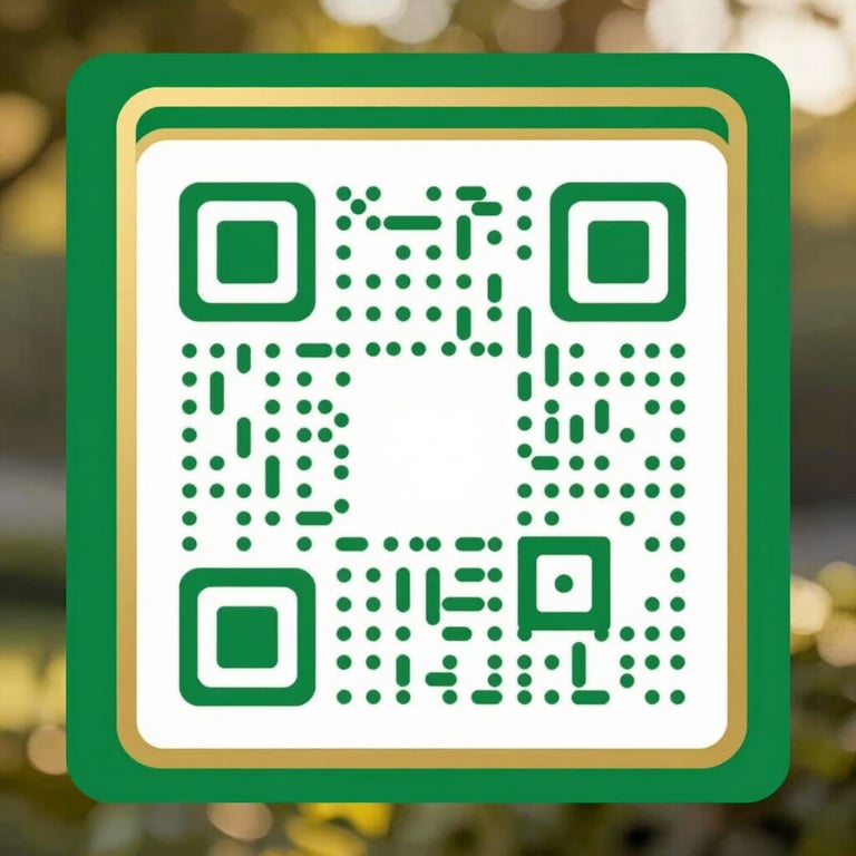 A crisp, clean vector graphic of a QRIS payment code on a white background, framed with elegant green and gold borders, highly legible