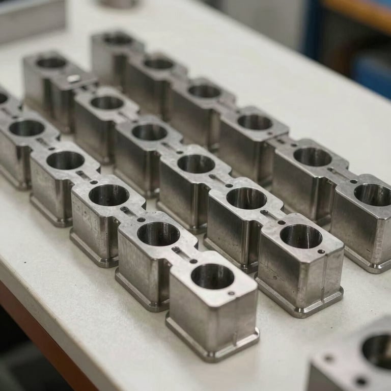 A rows of polished metal molds on a soft off-white workbench, professional industrial photography style.