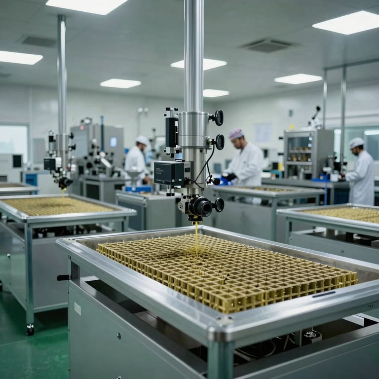 Wide shot of a clean, organized mold production facility in a Middle Eastern / Turkish industrial zone, professional and established mood.