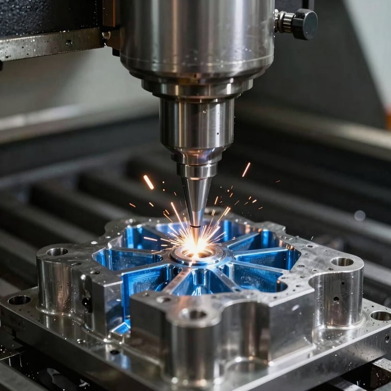 A close-up of a high-precision CNC machine carving a steel mold, steel blue metallic sparks, Middle Eastern / Turkish manufacturing site.