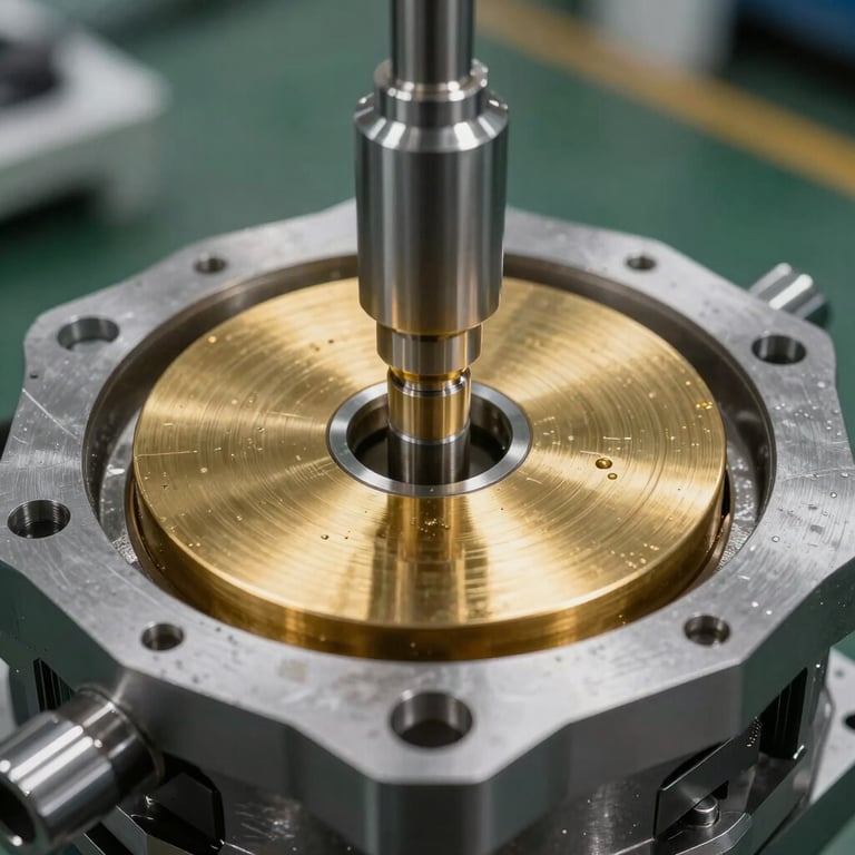 Detailed photography of a finished industrial injection mold with gold reflections, emphasizing quality craftsmanship.