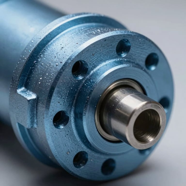 Macro shot of a mold component showing precision engineering and steel blue textures.