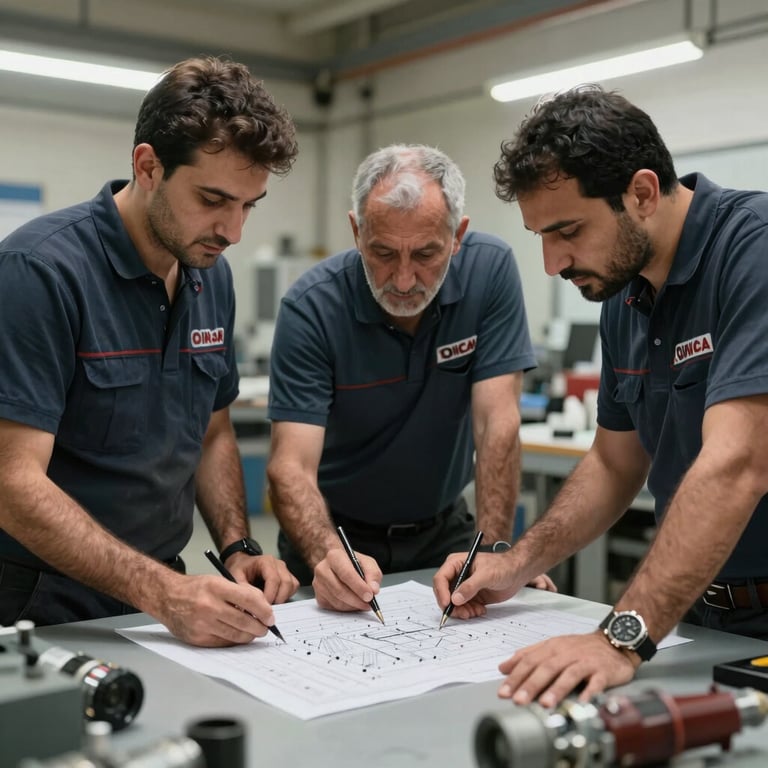 Professional industrial workers in a Middle Eastern / Turkish workspace collaborating over a technical drawing, authoritative lighting.