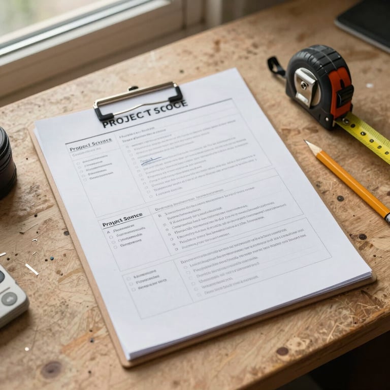 Overhead shot of a detailed project scope document on a worn work table beside a tape measure and pencil, warm natural light from a nearby window