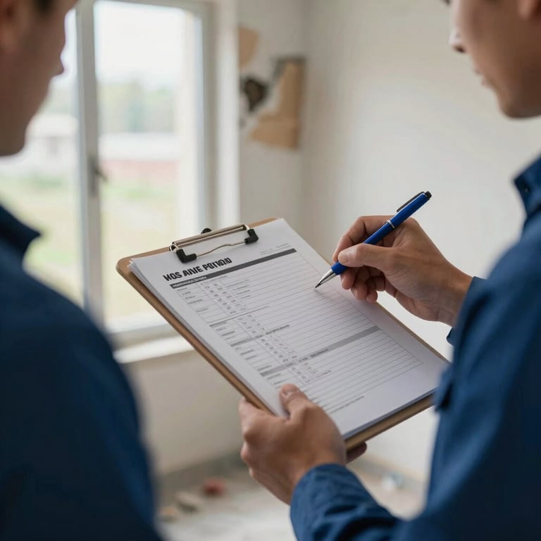 Close-up of a contractor's hands reviewing a clipboard assessment form on a water-damaged interior wall, natural window light, damage visible in background