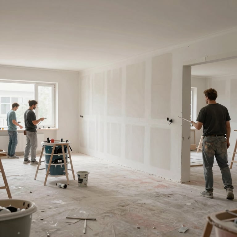 Wide interior shot of a crew mid-renovation, freshly drywalled walls beside staged painting equipment, workers active in background, daylight through open windows