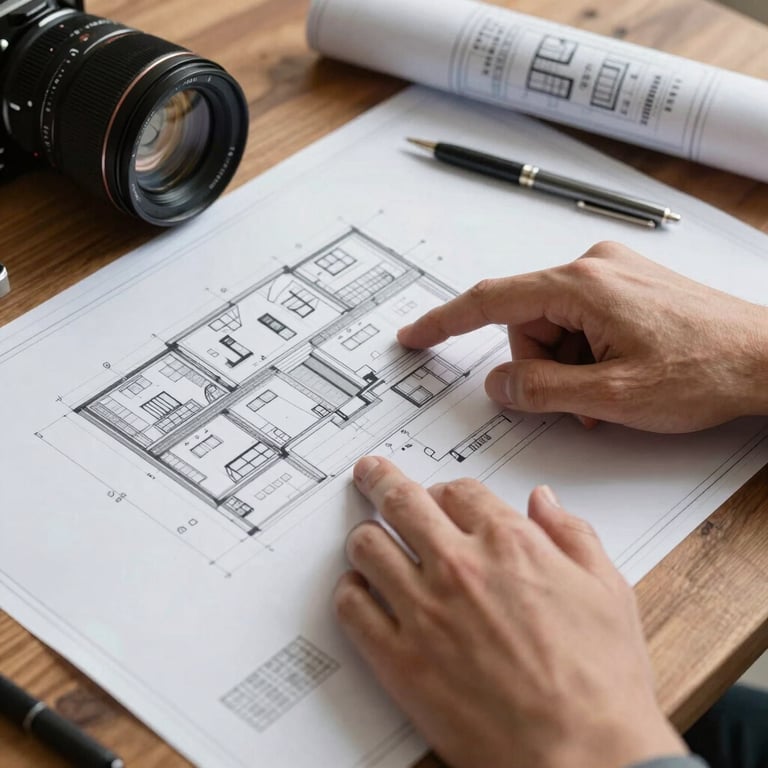 A pair of hands pointing at detailed architectural blueprints on a wooden desk, representing technical planning and marketing.