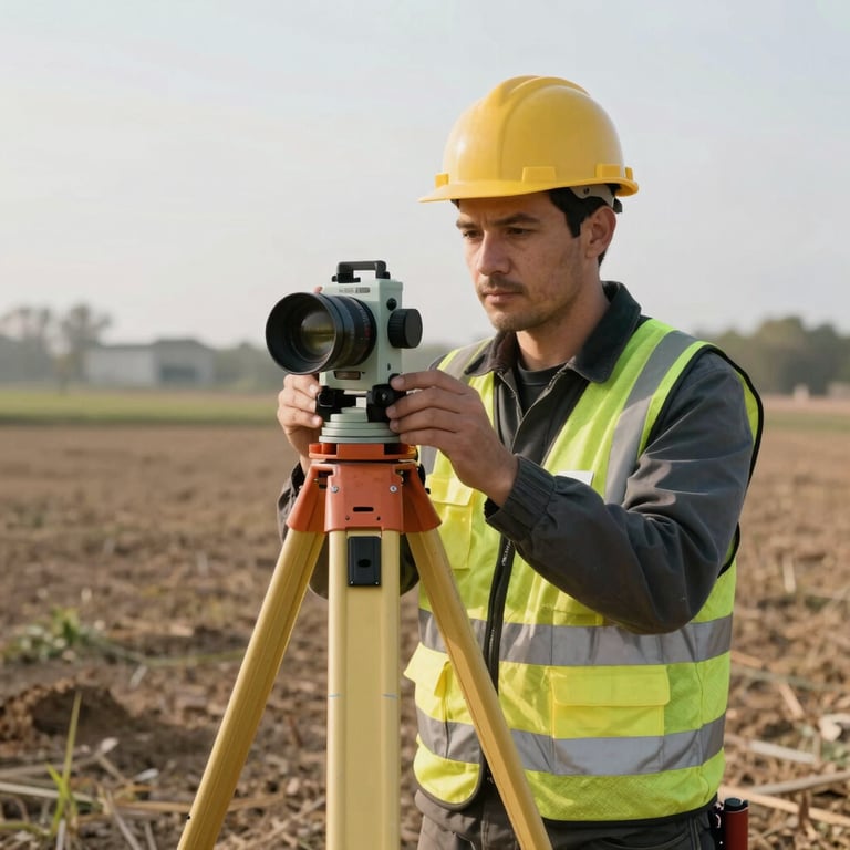 A professional surveyor using precision tools in an open field, emphasizing land acquisition and site preparation.