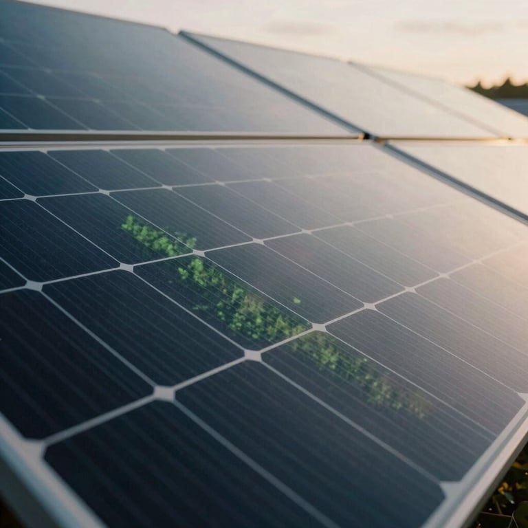 Close-up of a high-tech solar panel array reflecting the soft morning light, showcasing forest green landscape reflections.
