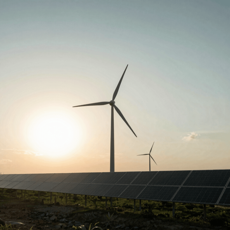A wide-angle landscape shot of a wind turbine standing tall against a mist white sky, with soft sage green fields below.