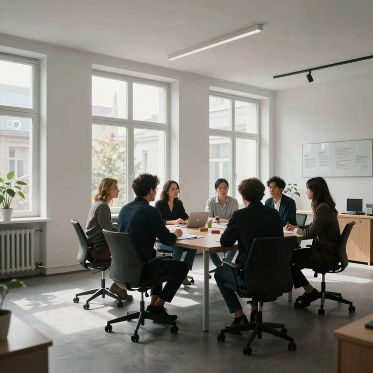 A modern, minimalist office interior in Berlin with large windows, showing a collaborative meeting environment.