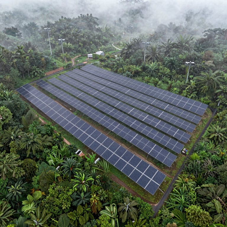 Aerial view of a sprawling renewable energy project site integrated into a lush forest green and mist white landscape.