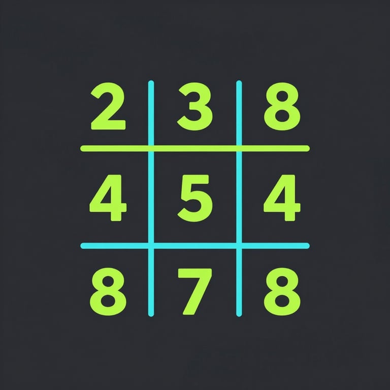 Flat vector illustration of a 3x3 matrix equation with neon green variables and cyan brackets on a dark slate background, crisp technical schematic.