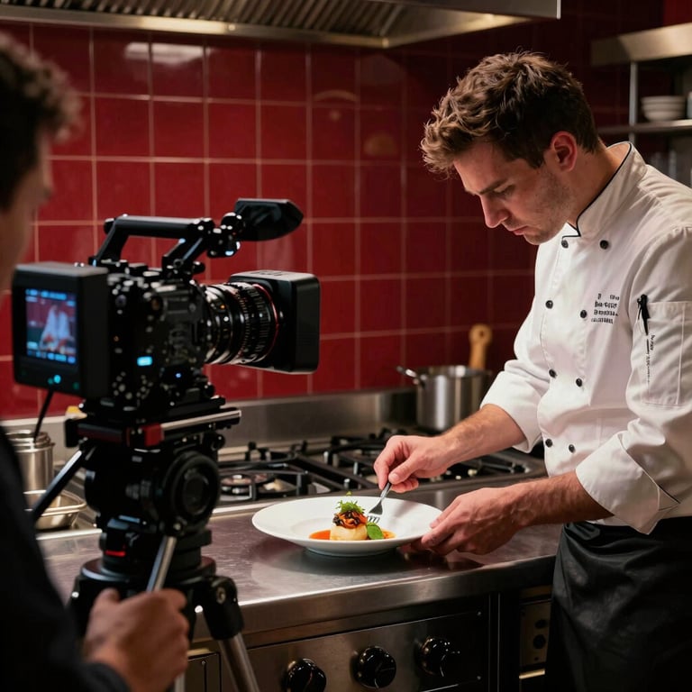 Behind-the-scenes shot of a camera rig capturing a chef plating a dish in a kitchen with Deep Ripe Crimson tiled walls.