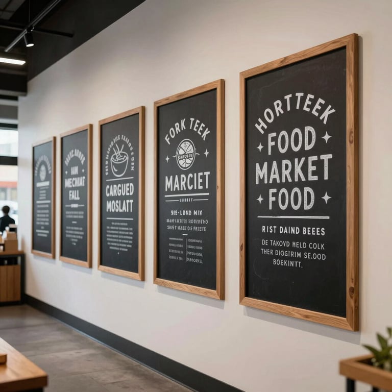 The interior of a modern food market in a North American / US neighborhood, featuring clean lines and artisanal branding on chalkboard signs.