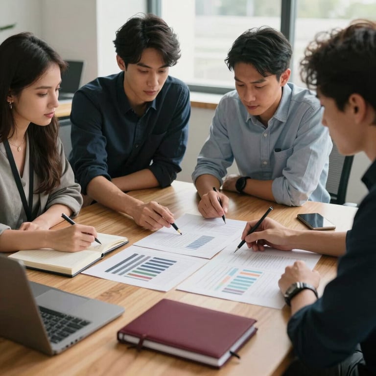 A creative marketing team in a North American / US office space collaborating over a layout on a wooden desk with Deep Ripe Crimson notebooks.