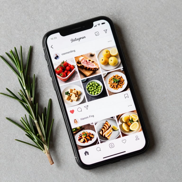 A professional flat lay of a smartphone showing a beautifully curated food Instagram feed next to a sprig of rosemary.