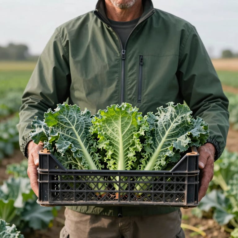 A local farmer in a North American / US field holding a crate of fresh green kale, wearing Matte Forest Green outdoor gear.