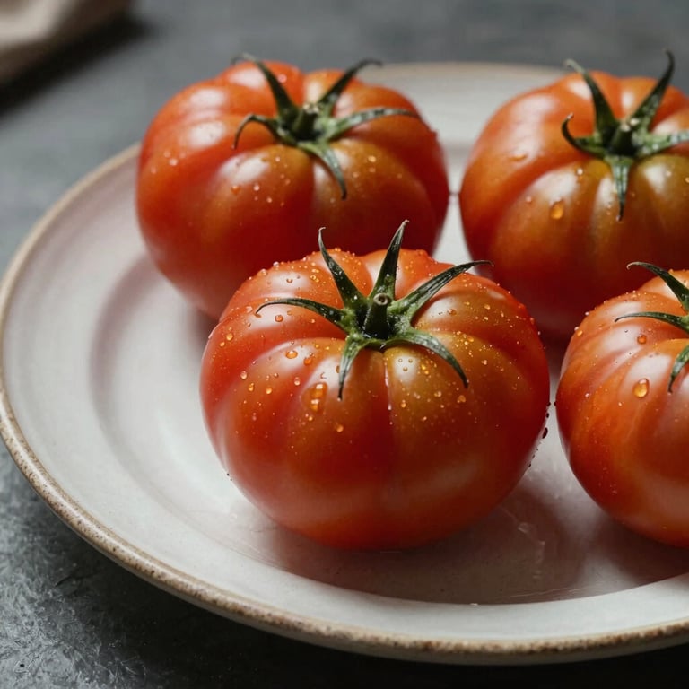 A close-up shot of vibrant heirloom tomatoes on a Crisp Parchment ceramic plate, natural lighting, high-contrast shadows.