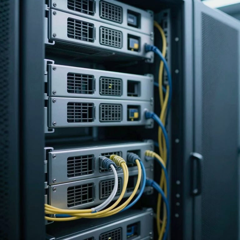 A detail shot of a clean server room with soft blue-gray lighting and organized cables. Global / English-speaking.