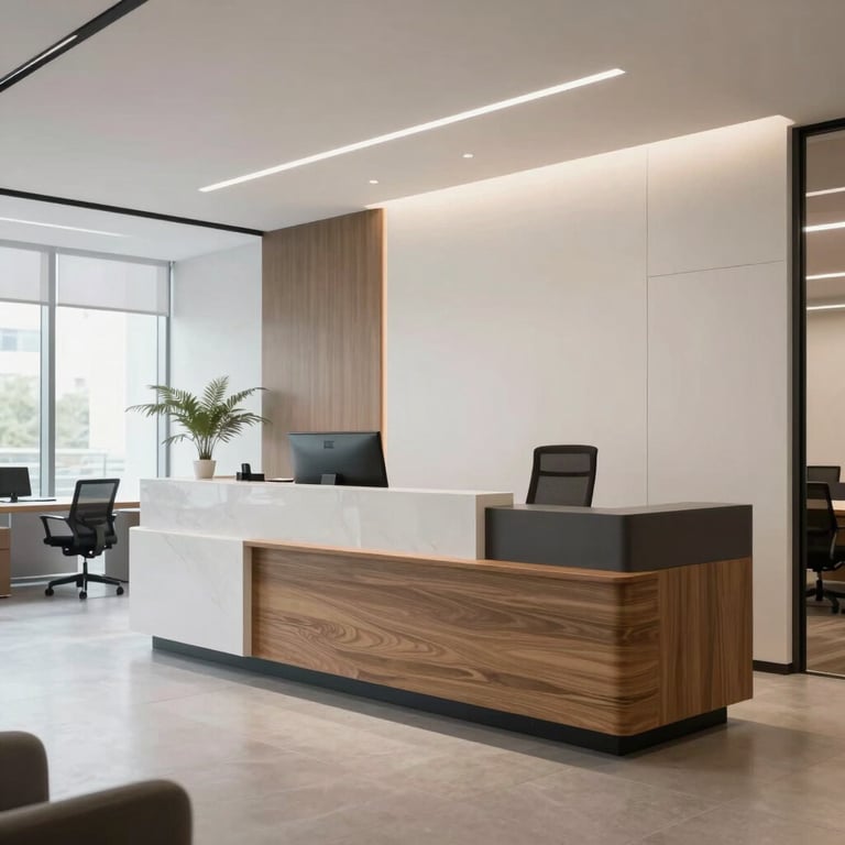 A modern office reception area featuring clean lines, premium furniture, and a professional atmosphere. Global / English-speaking.