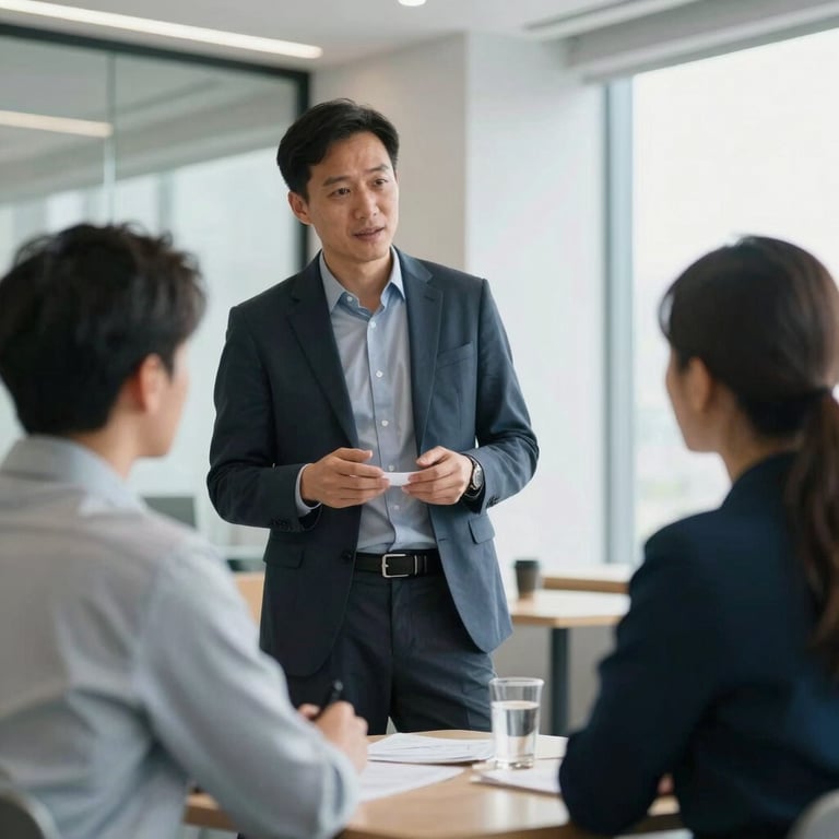 A candid shot of a professional explaining a project plan to a client in a bright, modern corporate lounge. Global / English-speaking.