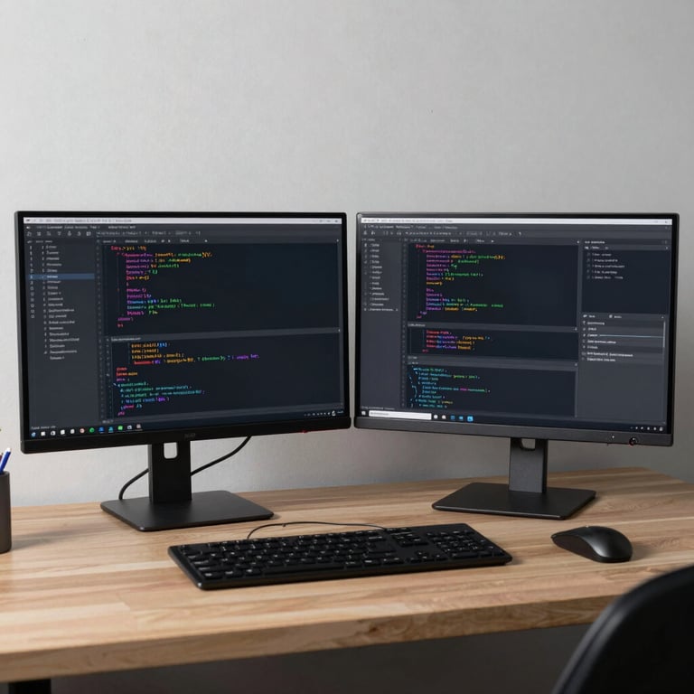 A minimalist workspace with dual monitors showing sophisticated and clean software code interfaces. Global / English-speaking.