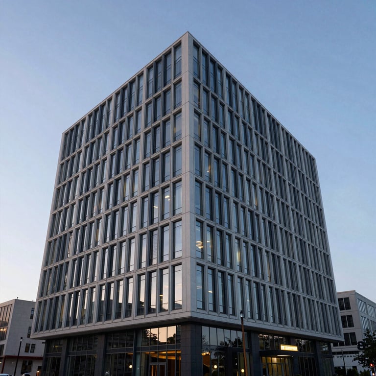 A clean, architectural shot of a modern corporate building at dusk with soft lighting. Global / English-speaking.