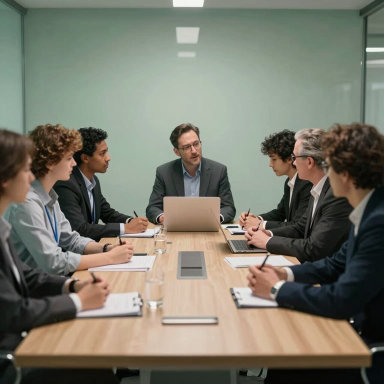 A group of diverse professionals in a high-tech meeting room with subtle green accents, engaged in a strategy session. Global / English-speaking.