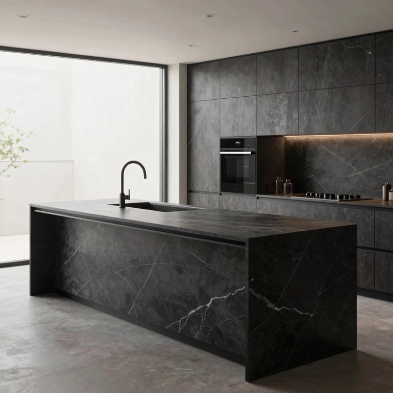 Modern minimalist kitchen with a large dark charcoal marble island, bright natural lighting.