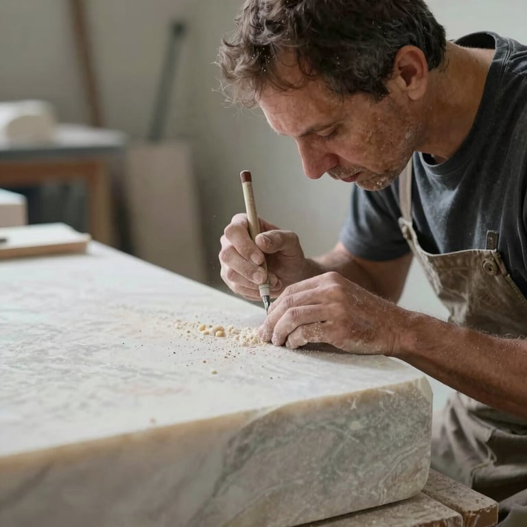 A master stone carver working on a soft off-white marble block in a professional workshop setting.