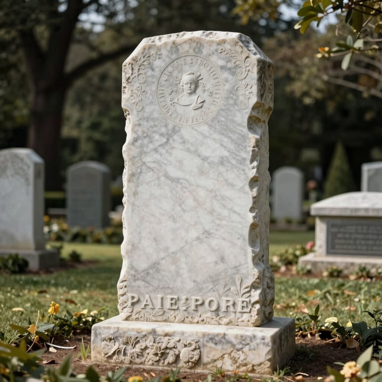 A dignified marble tombstone model standing in a quiet, landscaped memorial garden under soft daylight.