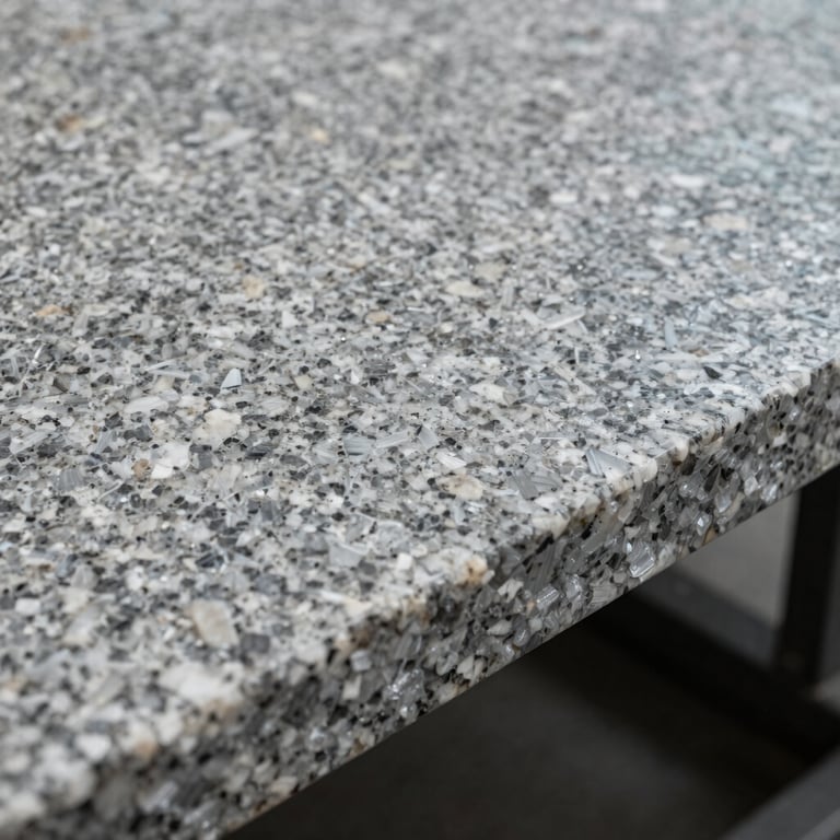 Close-up of a perfectly polished stone grey granite slab showcasing its robust crystalline structure.