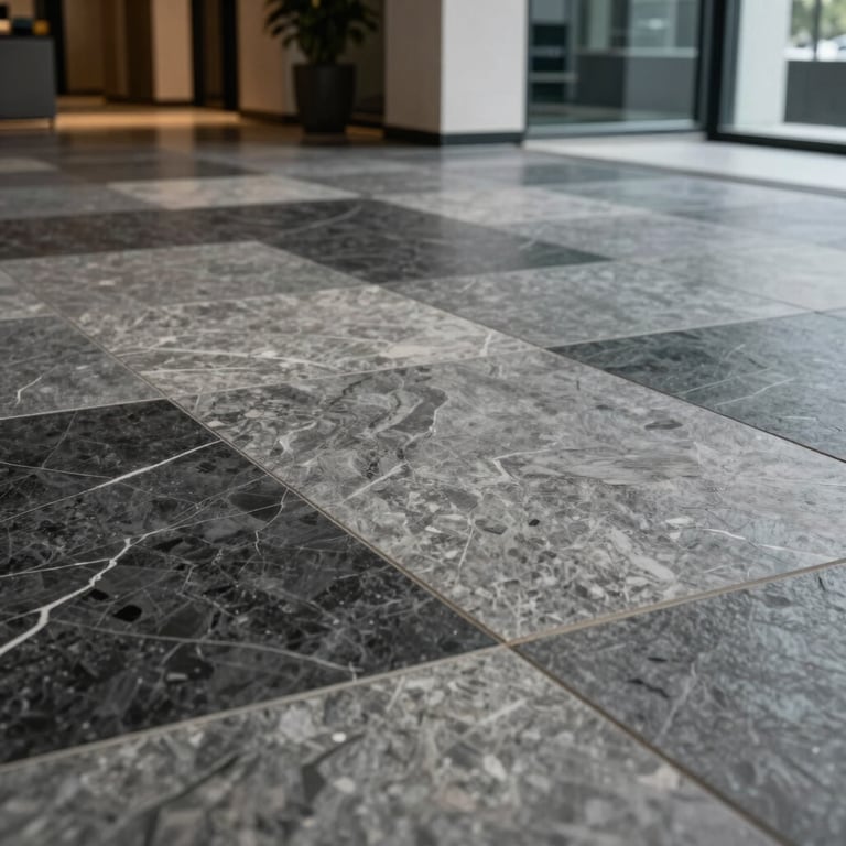 High-end mermer flooring details in a corporate office entrance hall using stone grey and black tiles.