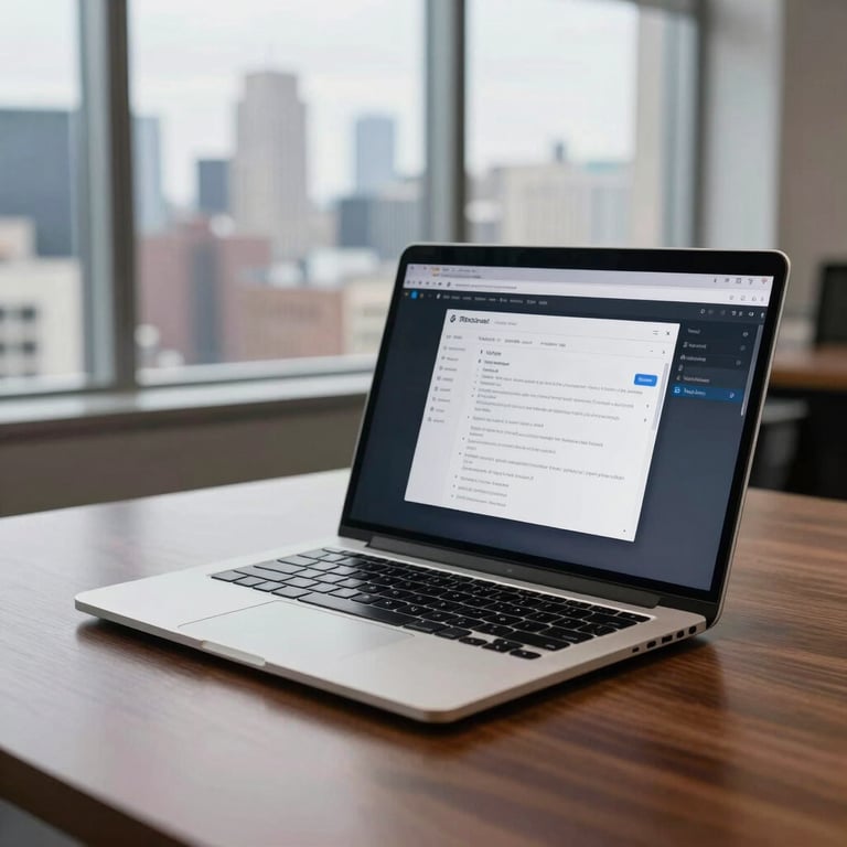 A sleek laptop on a mahogany desk in a high-rise office, showing professional business software, with a blurred US city view in the background.