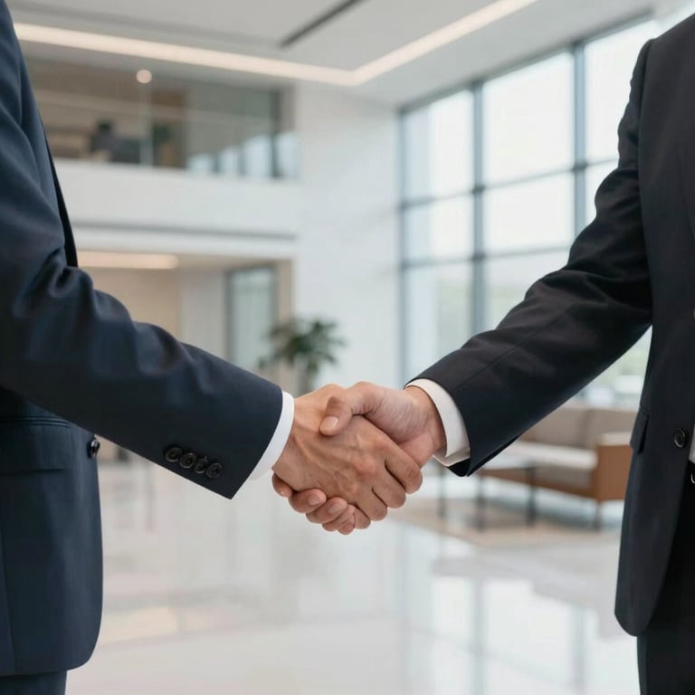 A professional handshake between two executives in a bright, modern North American office lobby, reflecting a strategic partnership.