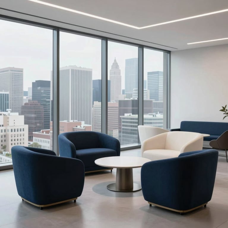 A minimalist, high-end office lounge area with designer furniture in navy blue and off-white, overlooking a metropolitan skyline.