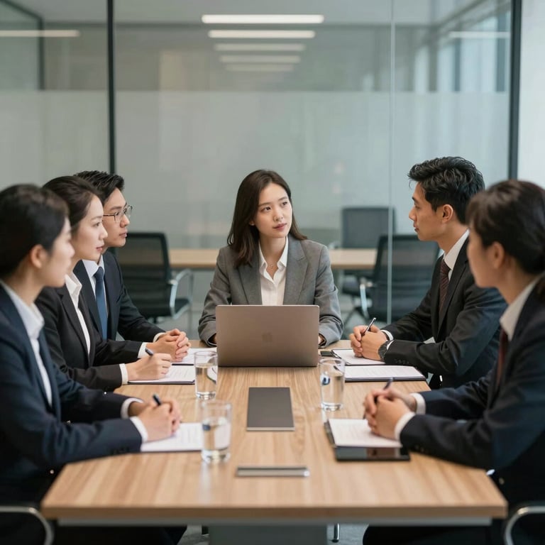A group of diverse professionals in business formal attire engaged in a strategic meeting within a glass-walled conference room.